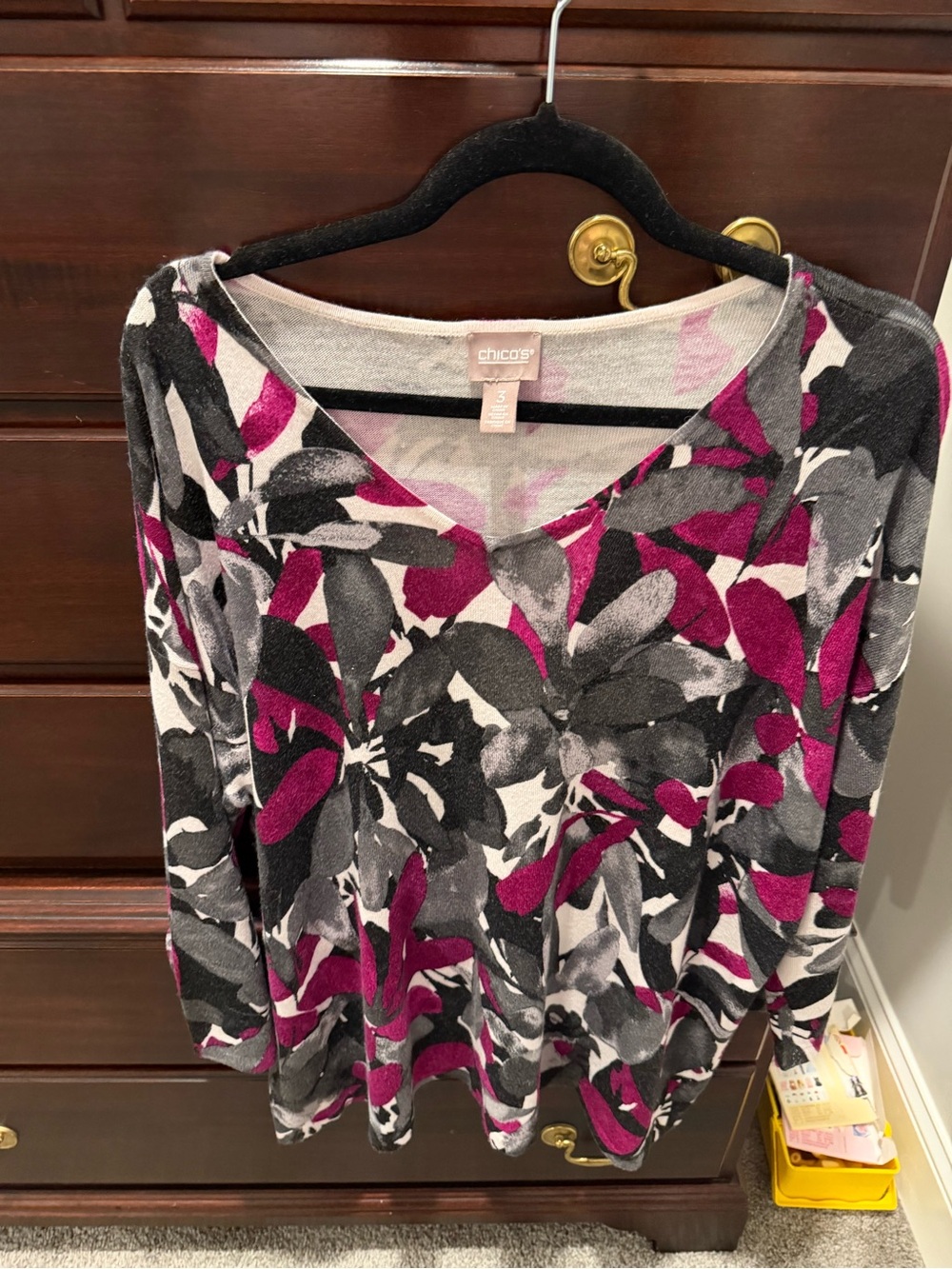 Chico's Floral V-Neck Sweater in Magenta and Gray